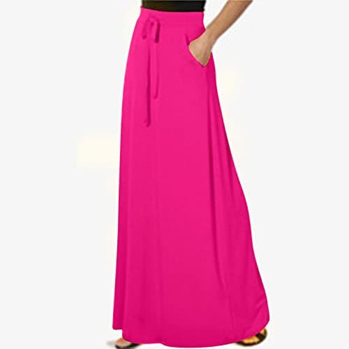 Womens High Elastic Maxi Drawstring Ankle Length Skirts Solid Pockets — Hot Pink
