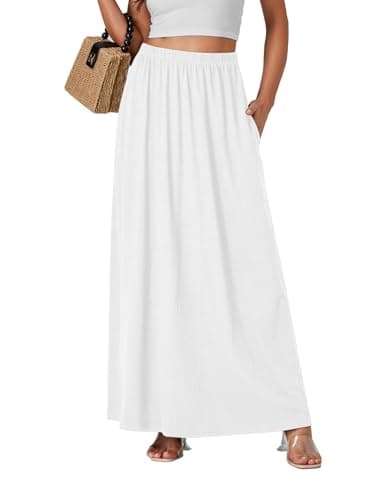 Vrtige Women's Casual High Waist Flowy Hem A-Line Maxi Skirt with Pockets — White