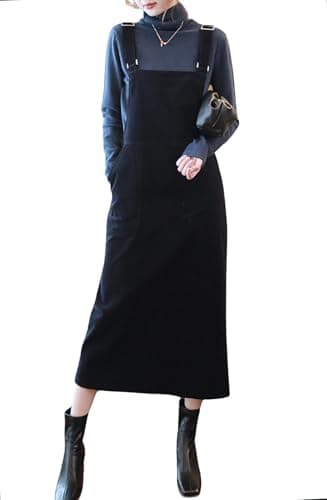 Chou Yayou Women's Cutie Corduroy Adjustable Strap Overall Dress With Fringe — Black