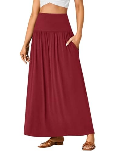 Vrtige Women's High-Waist Flowy A-Line Maxi Skirt with Pockets — Burgundy