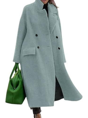 Women's Long Wool Double Breasted Pea Coat Notched Lapel — Lake Blue