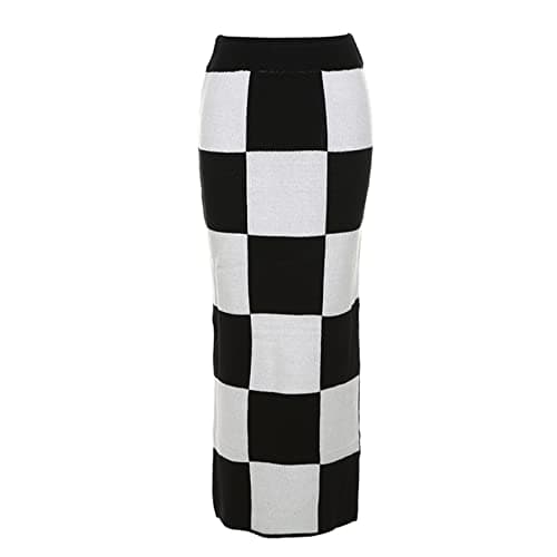 SHIPPOOOU Women High Waist Plaid Elastic Long Midi Skirt