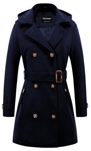Chrisuno Women's Double Breasted Hooded Pea Coat — Navy Blue