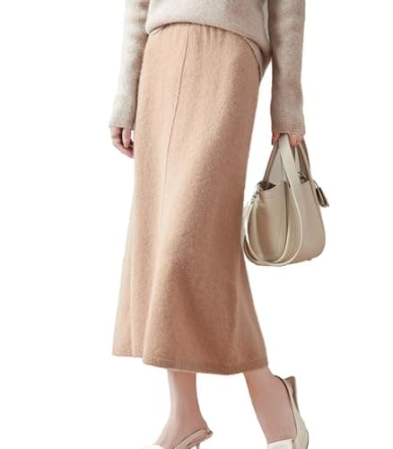 Ailaile Women's 100% Merino Wool Ribbed Knit Mid-Length Skirt for Fall & Winter — Khaki