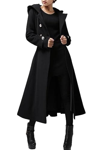 Cicy Bell Women's Winter Warm Long Double-Breasted Hooded Wool Trench Coat with Belts — Black
