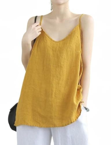 Linen Tank Tops for Women: Casual V Neck Summer Camisole — Yellow