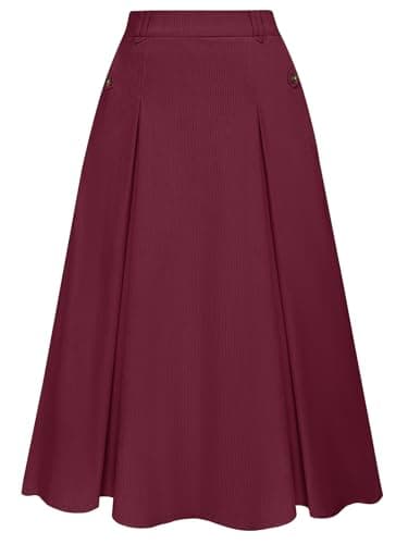 Vintage Corduroy A-line Midi Skirt for Women with Elastic Waist and Pockets — Wine Red