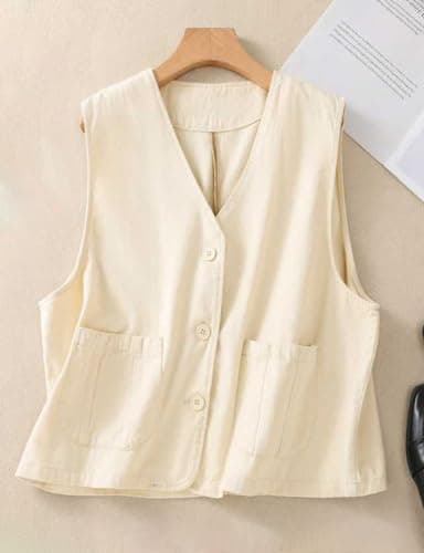 Womens Linen Vest Tops Casual Button Down Sleeveless Blazer