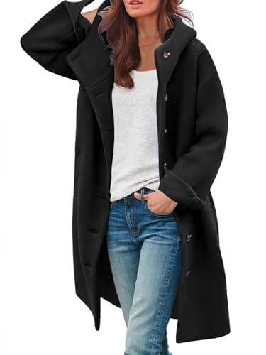 SAUKOLE Women's Wool Blend Pea Coat - Fashion Winter Overcoat with Hood — Black