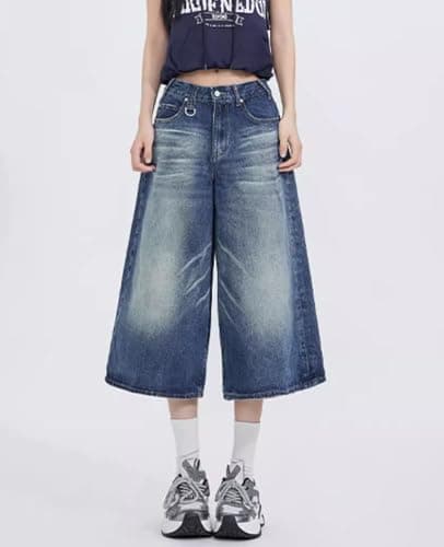 Chmnigma Wide Leg Low Waist Cropped Jeans for Men & Women Grunge Summer Denim Pants