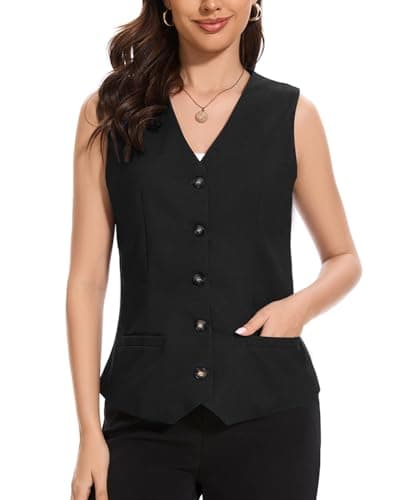 YOUNIFIZ Women's Lightweight Linen V-Neck Pocket Summer Vest — Black