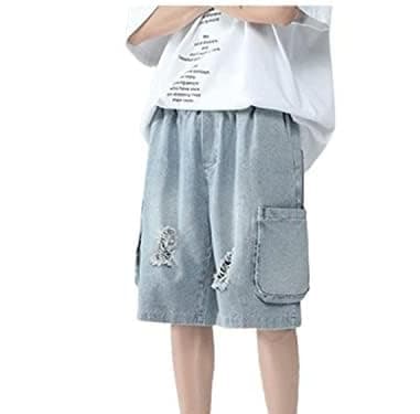 POHADON Men's Baggy Denim Shorts Casual Hip Hop Y2K Cargo Jeans — Ripped Light Wash