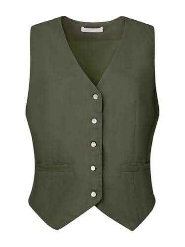 Hobemty Women's Linen V-Neck Button-Down Formal Waistcoat — Olive Green