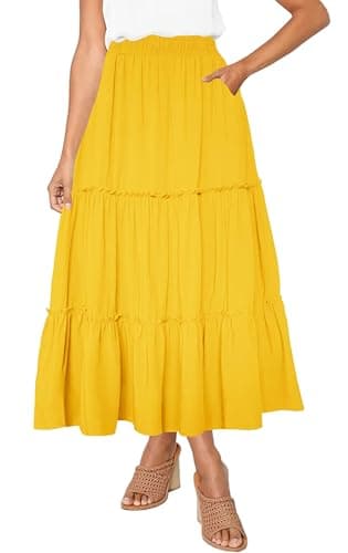 Afibi Women's High Waist A-Line Ruffle Swing Maxi Skirt with Pockets — Yellow