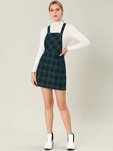 Allegra K Women's Plaid Overall Bib Dress with Adjustable Straps