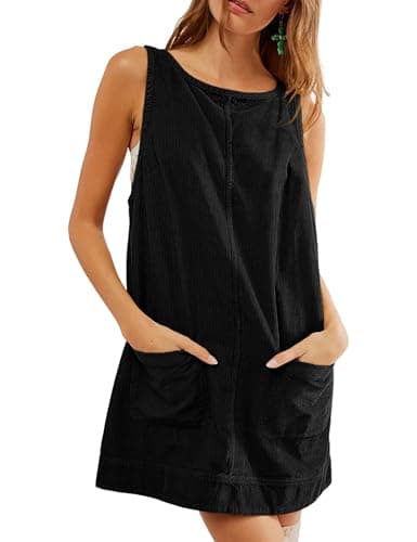 Hooever Women's Corduroy Overall Mini Dress with Pockets — Black