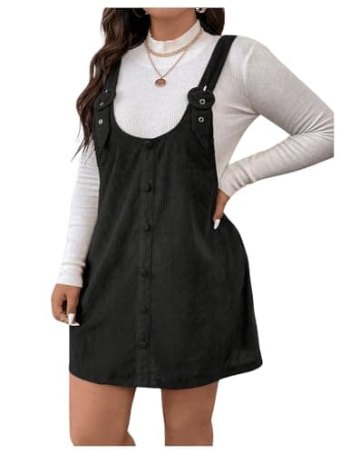 OYOANGLE Plus Size Corduroy Button Front Pinafore Dress