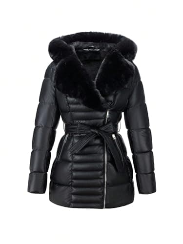 Bellivera Women's Winter Puffer Jacket with Removable Fur Collar — Black With Hood