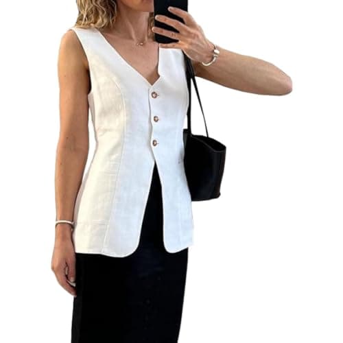 Melliflo Women's Summer Linen V-Neck Button Down Sleeveless Vest with Pocket