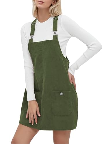 YUENIU Women's Stylish Corduroy Overall Dress with Adjustable Straps Pockets — Army Green