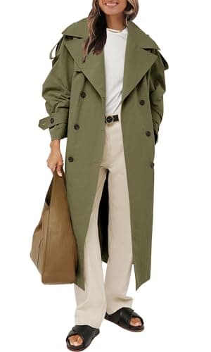 Womens Oversized Long Trench Coat Double Breasted Windproof Belted Overcoat — Green