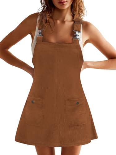COCCKO Women's Adjustable Strap Corduroy Overall Mini Dress with Pockets Summer Fashion — Brown