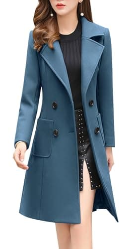 Elegant Women's Notched Collar Wool Blend Overcoat — Dark Blue