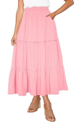 Afibi Women's High Waist A-Line Ruffle Swing Maxi Skirt with Pockets — Pink