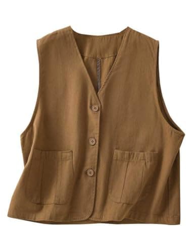Casual Linen Button Down Vest for Women — Khaki
