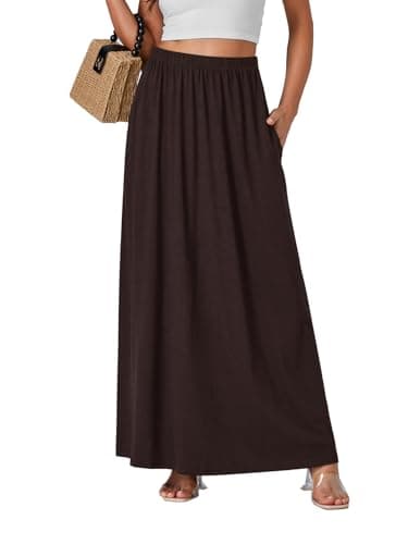 Vrtige Women's Casual High Waist Flowy Hem A-Line Maxi Skirt with Pockets — Dark Brown