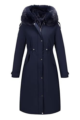 RISISSIDA Women's Warm Puffer Coat with Long Fur Collar Cold-Resistant — Heavy Long Parka-blue-with Detachable Built-in Long Fur Collar