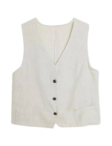 IDEALSANXUN Women's Cotton Linen Sleeveless Blazer Lightweight Vest Cardigan