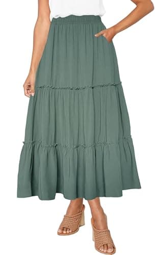 Afibi Women's High Waist A-Line Ruffle Swing Maxi Skirt with Pockets — Army Green