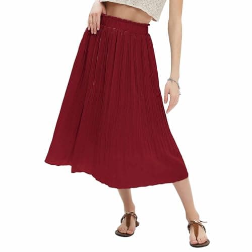 EXLURA Women's High Waist Pleated Polka Dot Maxi Midi Skirt with Pockets — Solid Caramel