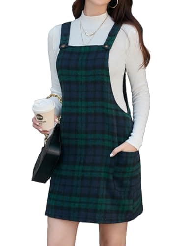 Plaid Overall Dress for Women: Fall/Winter Pinafore Jumper — Green