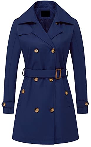 Chrisuno Women's Mid-Length Double Breasted Trench Coat with Hood — Navy Blue