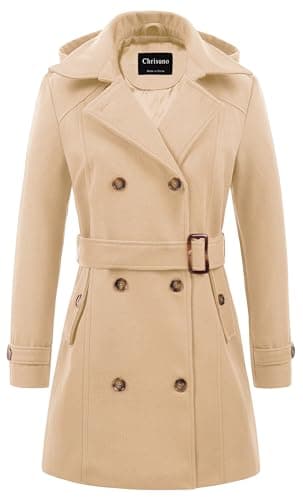 Chrisuno Women's Double Breasted Hooded Pea Coat — Khaki