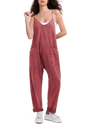 EXLURA Women's Casual Summer Denim Jumpsuits with Pockets Beach Romper — Maroon