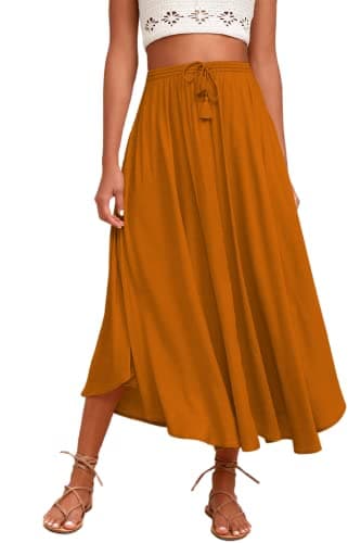 Zeagoo Women's High-Waisted Elastic Midi Skirt with Brown Leaf Print XXL — Orange