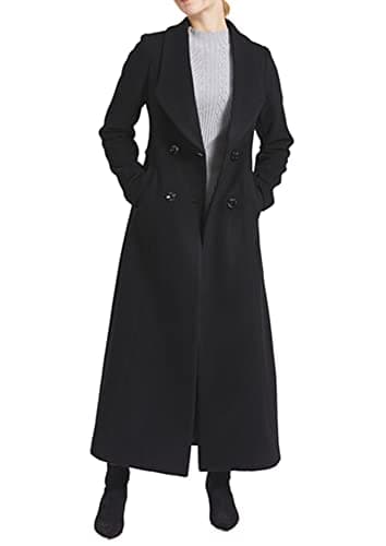 PENER Women's Classic Long Wool Trench Coat Winter Thick Double Breasted Jacket — Black