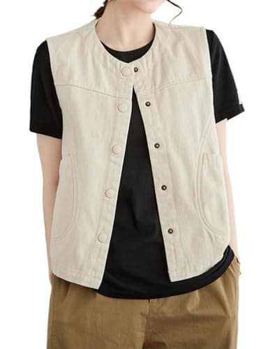 Womens Cotton Linen Vest Casual Button Down Sleeveless Spring Jackets — Beige