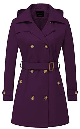 CREATMO Women's Classic Double-Breasted Trench Coat with Detachable Hood — Purple