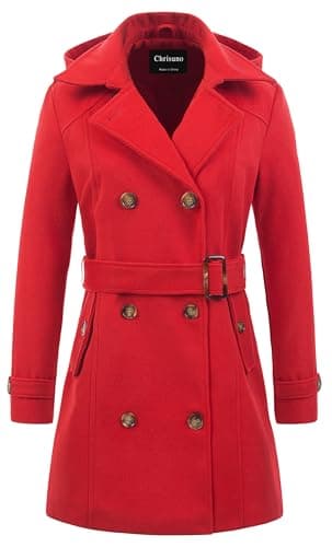 Chrisuno Women's Double Breasted Hooded Pea Coat — Red