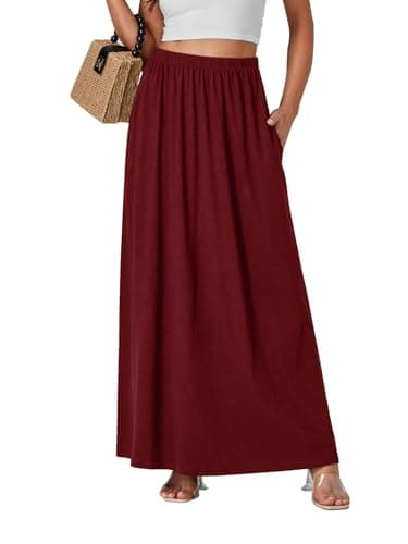 Vrtige Women's Casual High Waist Flowy Hem A-Line Maxi Skirt with Pockets — Burgundy