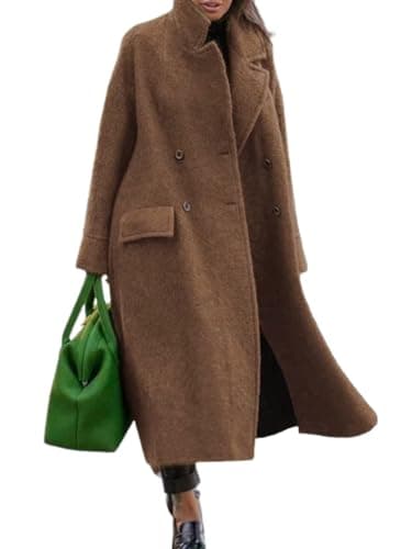 Women's Long Wool Double Breasted Pea Coat Notched Lapel — Khaki