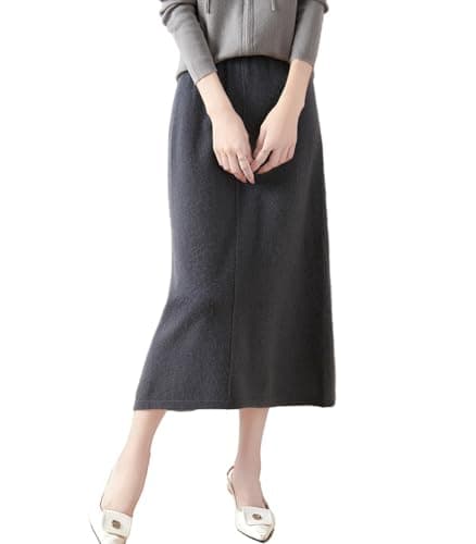 Ailaile Women's 100% Merino Wool Ribbed Knit Mid-Length Skirt for Fall & Winter — Grey