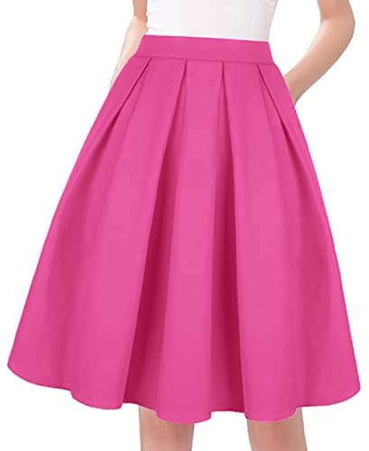Tandisk Women's Vintage Printed Flared Midi Skirt with Pockets — Rose Red