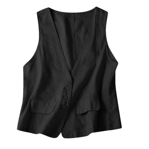 Vintage Deep V Neck Lightweight Sleeveless Coat for Women — Black