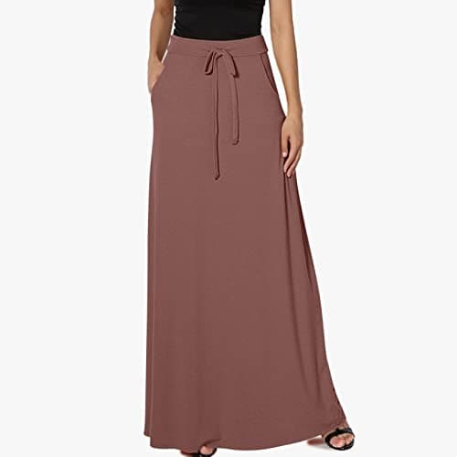 Womens High Elastic Maxi Drawstring Ankle Length Skirts Solid Pockets — Coffee