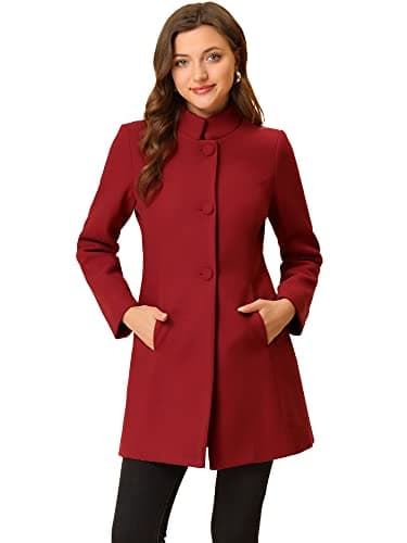 Allegra K Women's Mid-Long Winter Stand Collar Overcoat — Red